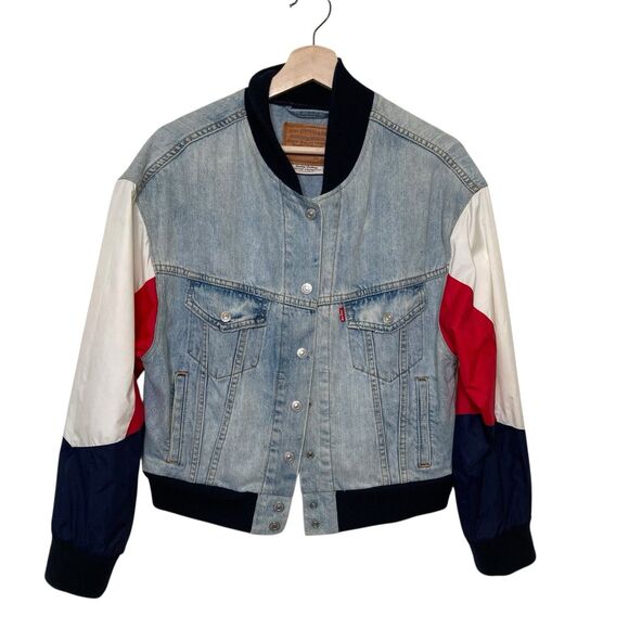 LEVI'S Premium Denim Bomber Blue/Red/White Jacket Snap Up Womens Small RARE 90s - Picture 3 of 16
